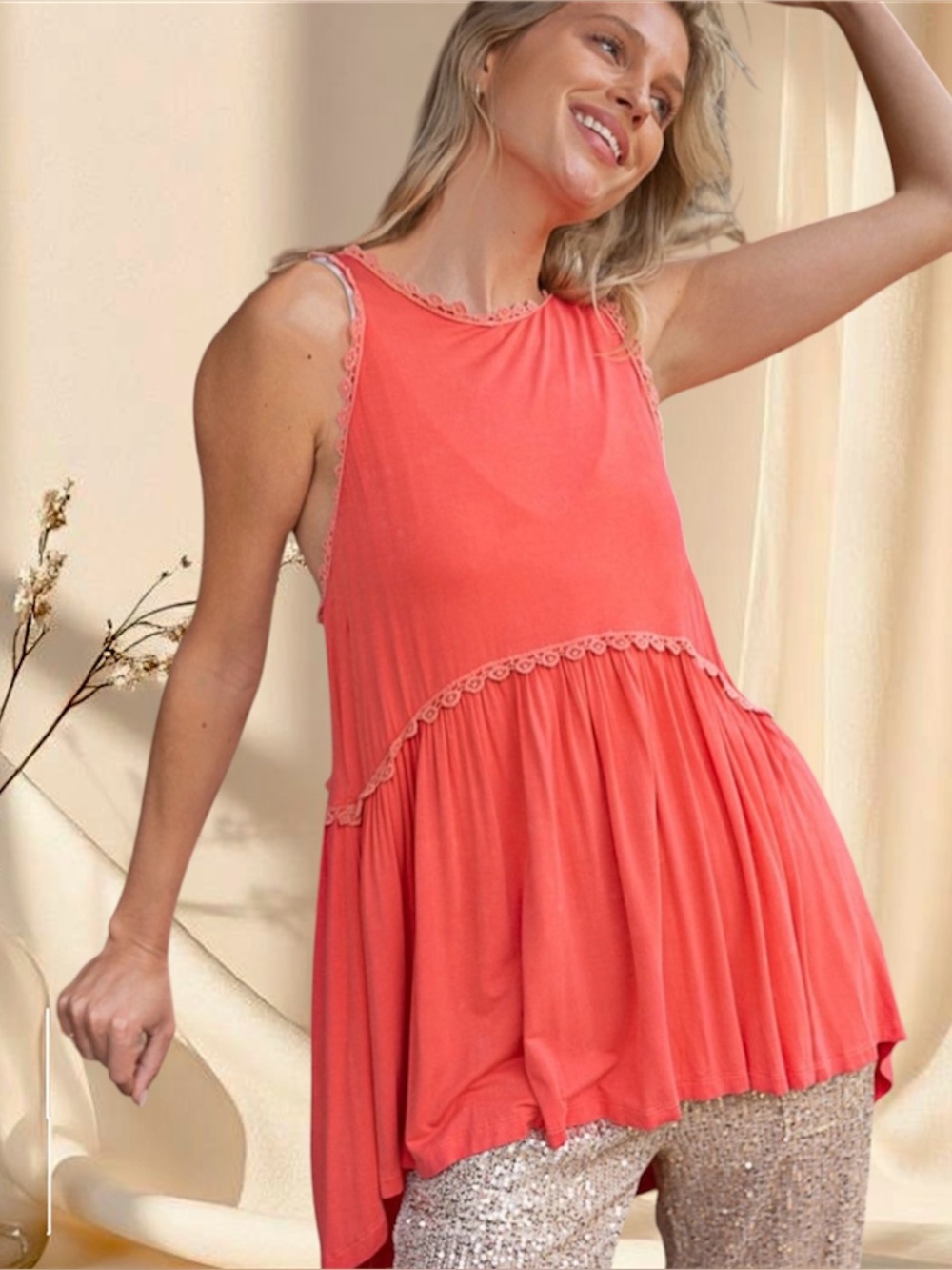 POL Coral Babydoll Top Flowy Silhouette Sleeveless Tank Top - Picture 7 of 8